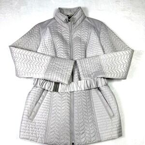 Laundry By Shelli Segal Quilted Jacket Womens Large Silver Coat Belted Hooded